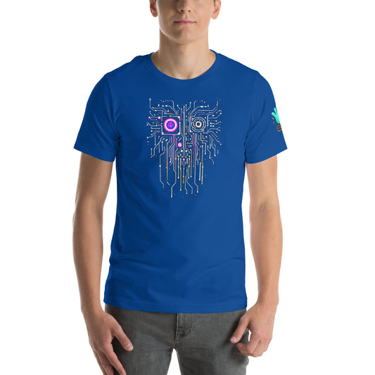 Modelo luciendo camiseta azul de manga corta marca Bofetadas, con impresión de circuito integrado con forma de cara humana.