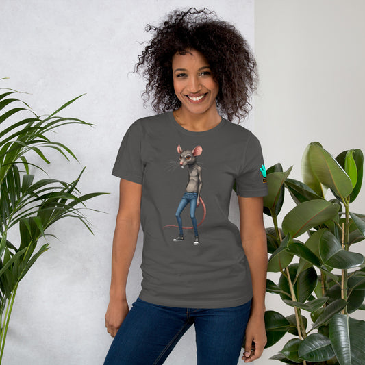 Camiseta gris de manga corta marca Bofetadas, colección Animales, con impresión frontal de una rata antropomorfa vestida con jeans y zapatillas.
