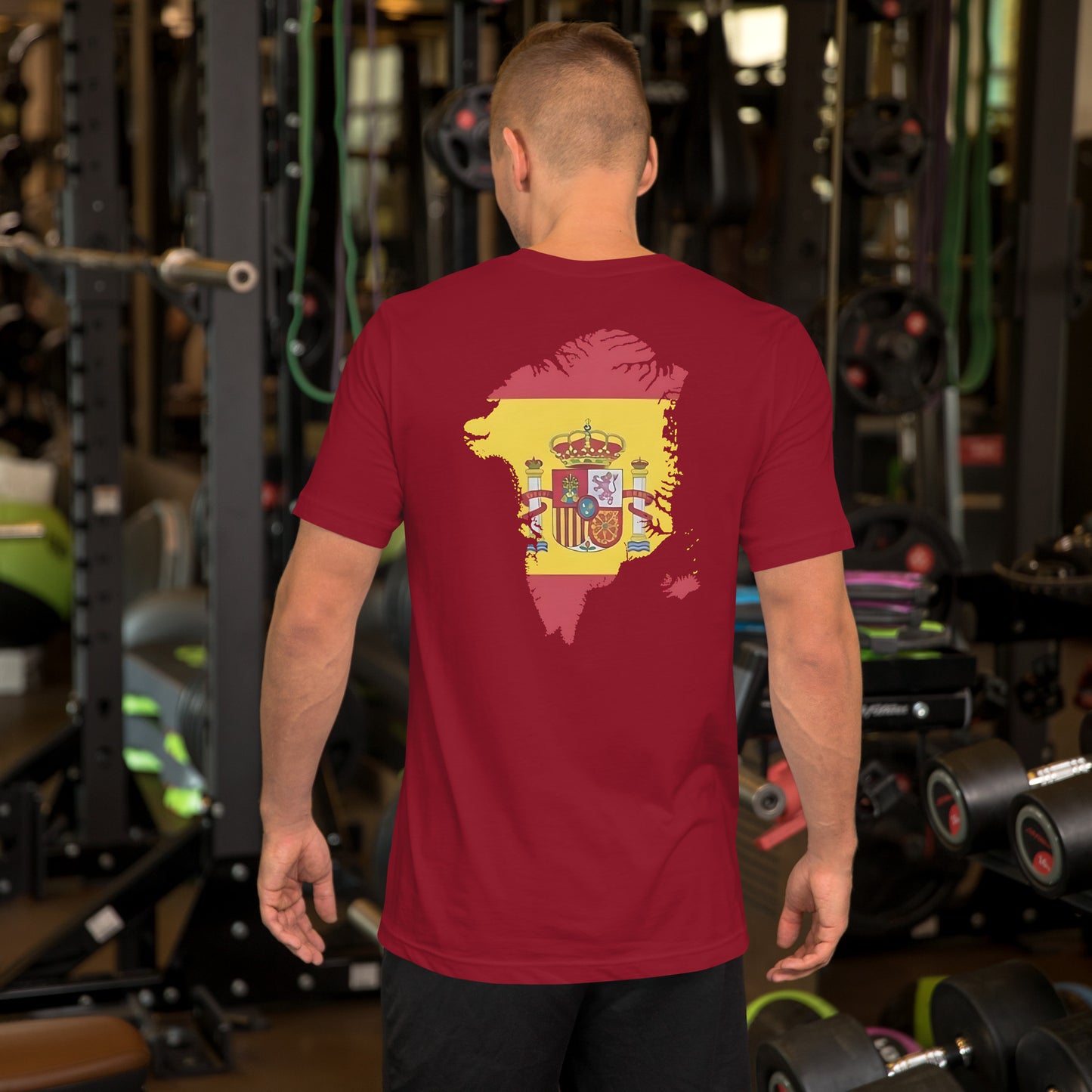 Vista trasera de una camiseta granate de la colección 'Pop' en un modelo, mostrando un diseño original de la geografía de Groenlandia con la bandera española en su interior.