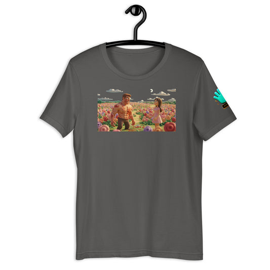 Camiseta gris de manga corta marca Bofetadas, colección Amor, con impresión frontal en estilo claymation de hombre musculoso y mujer vestida de rosa en campo de flores.
