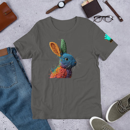 Camiseta gris de manga corta marca Bofetadas, colección 'Animales', con conejo de hilos de lana de colores.