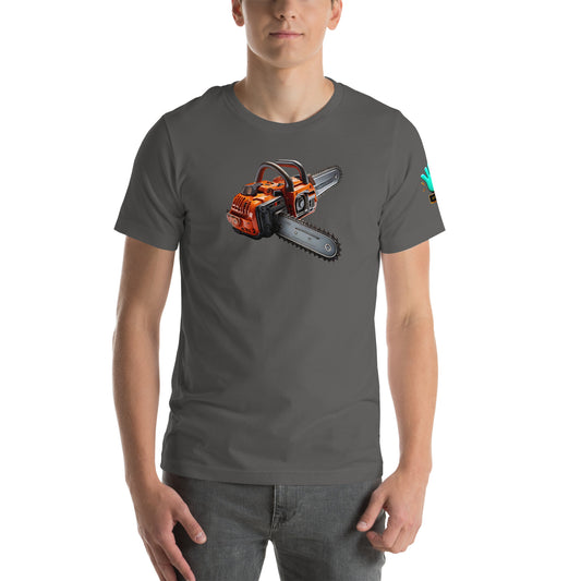 Camiseta gris de manga corta marca Bofetadas, colección Pop, con la imagen de una motosierra surrealista.