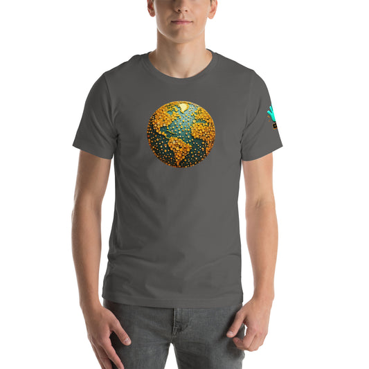 Camiseta gris de manga corta de la marca Bofetadas, colección Causas Sociales, con imagen del planeta Tierra estampada en el frente.