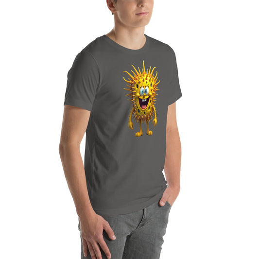Modelo luciendo camiseta gris de manga corta marca Bofetadas, colección Abstracta, con impresión de personaje estilo Bob Esponja con patrón de pinchos.