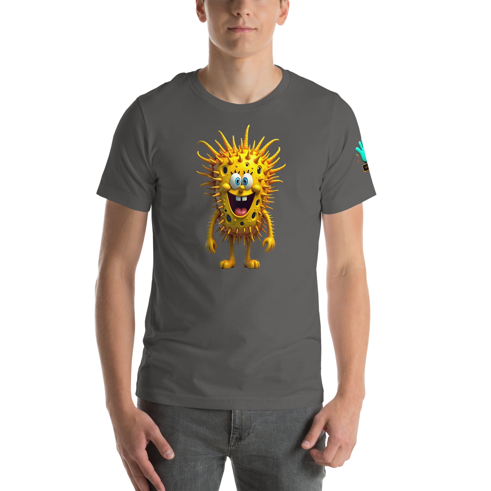 Modelo luciendo camiseta gris de manga corta marca Bofetadas, colección Abstracta, con impresión de personaje estilo Bob Esponja con patrón de pinchos.