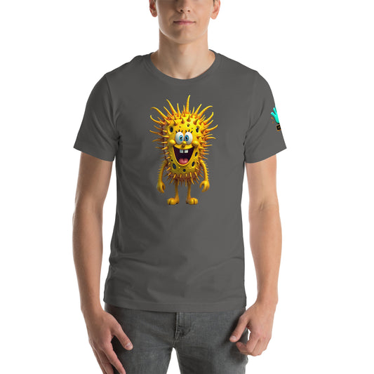 Modelo luciendo camiseta gris de manga corta marca Bofetadas, colección Abstracta, con impresión de personaje estilo Bob Esponja con patrón de pinchos.