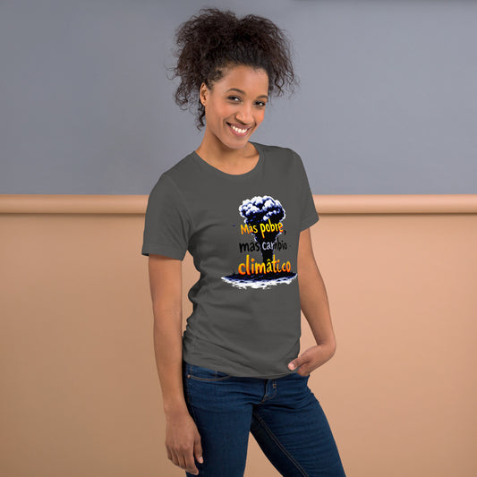 Modelo sonriente luciendo camiseta gris de manga corta marca Bofetadas, colección 'Causas Sociales', con humo y texto 'más pobre, más cambio climático'.