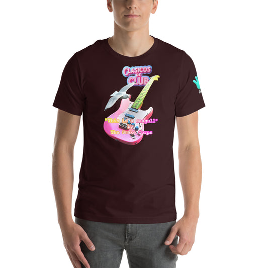 Camiseta de manga corta color marrón de la colección Clásicos de Club de Bofetadas. Diseño con la impresión de una guitarra eléctrica y una gaviota, inspirada en el tema 'This is Seagull' de The Snake Corps.