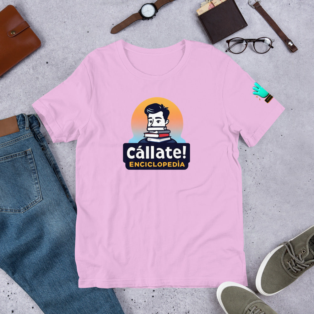 Camiseta rosa de manga corta marca Bofetadas, colección 'Frases y Mensajes', con ilustración de empollón y libros junto al texto 'cállate enciclopedia'.