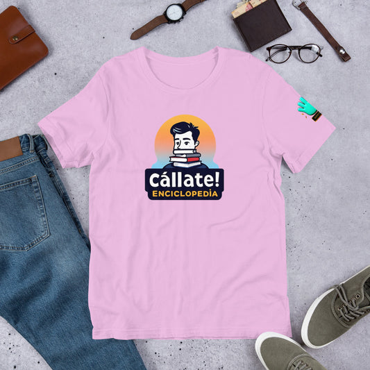 Camiseta rosa de manga corta marca Bofetadas, colección 'Frases y Mensajes', con ilustración de empollón y libros junto al texto 'cállate enciclopedia'.
