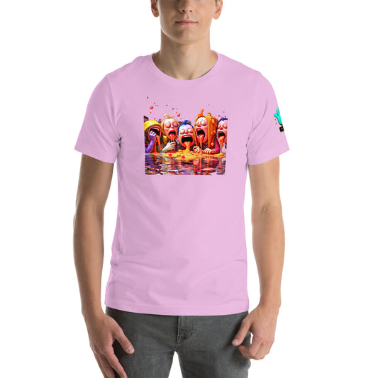 Modelo luciendo camiseta rosa de manga corta marca Bofetadas, colección 'Pop', con ilustración surrealista de cinco niños anhelando golosinas.