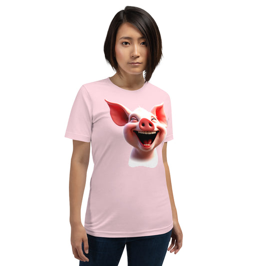 Modelo con jeans luciendo camiseta rosa de manga corta marca Bofetadas, colección 'Animales', vista delantera, con retrato de cerdito antropomorfo riendo a carcajadas.
