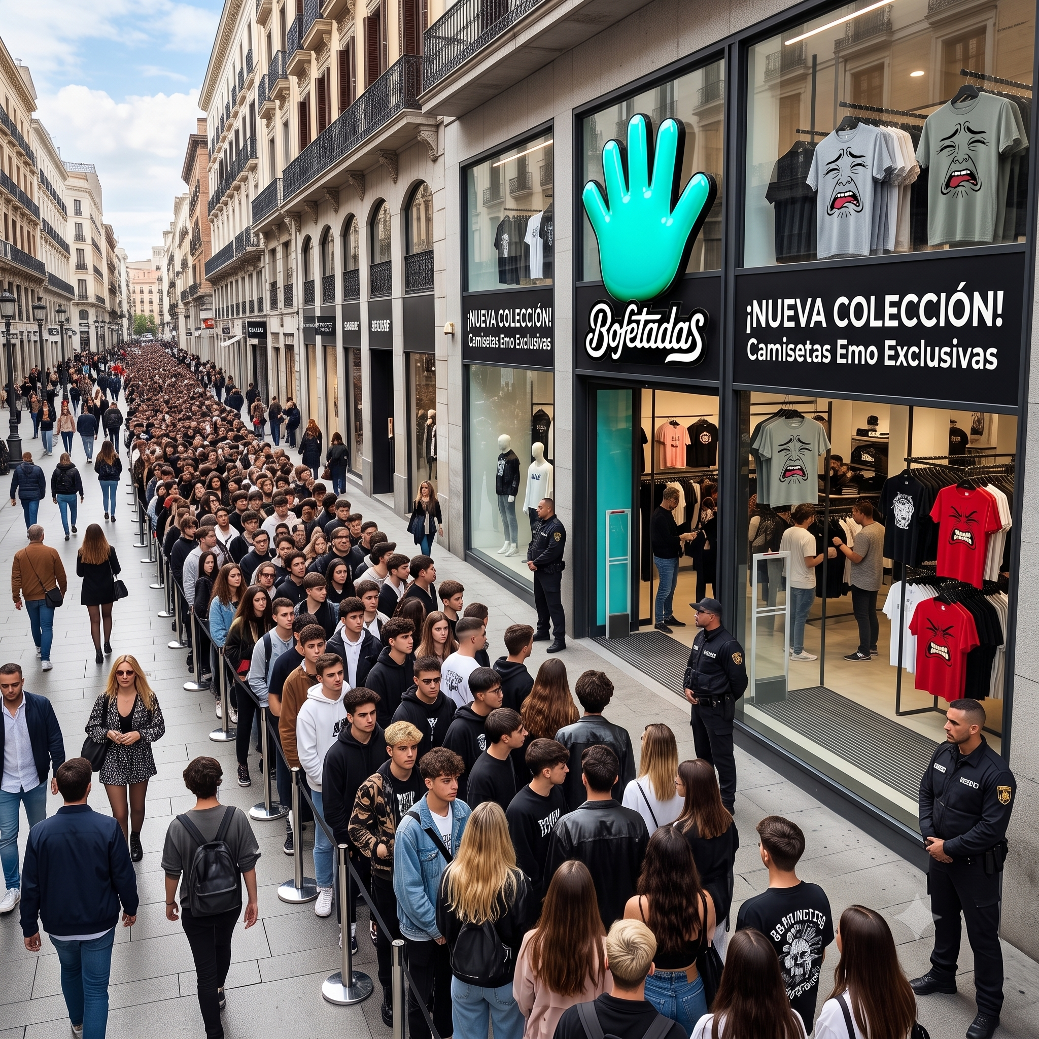Una cola kilométrica de gente que quiere comprar lo último en una tienda de Bofetadas en un boulevard en tendencia, la tienda promociona la nueva colección de camisetas Emo.