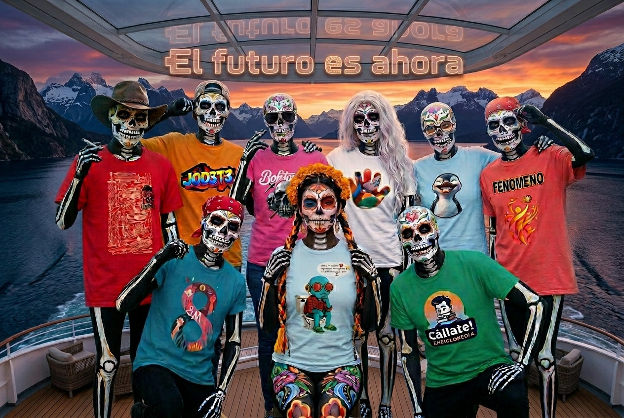 9 modelos lucen camisetas Bofetadas. Van disfrazados y pintados para el dia de los muertos en México, solo que estan en la cubierta de un crucero en La Patagonia.