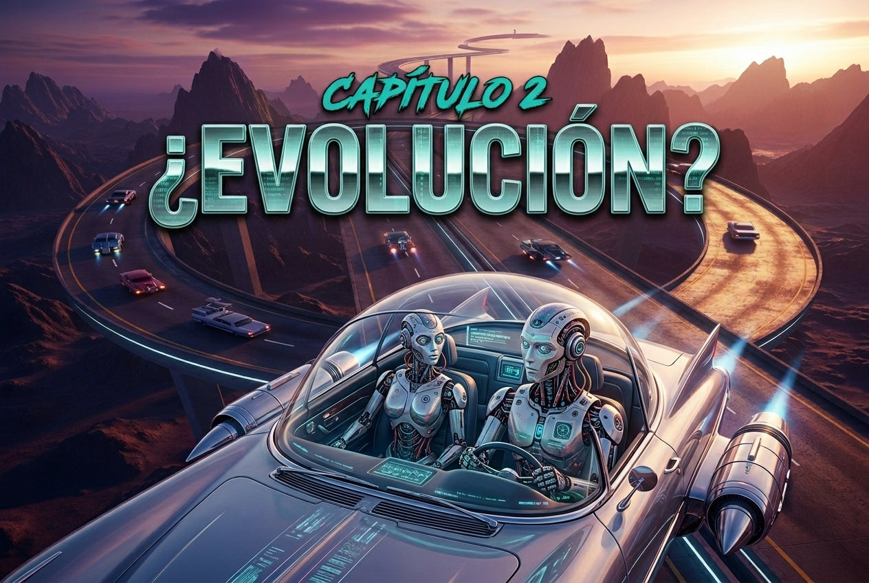 Un atardecer, una carretera intrincada, coches futuristas conducidos por robots.