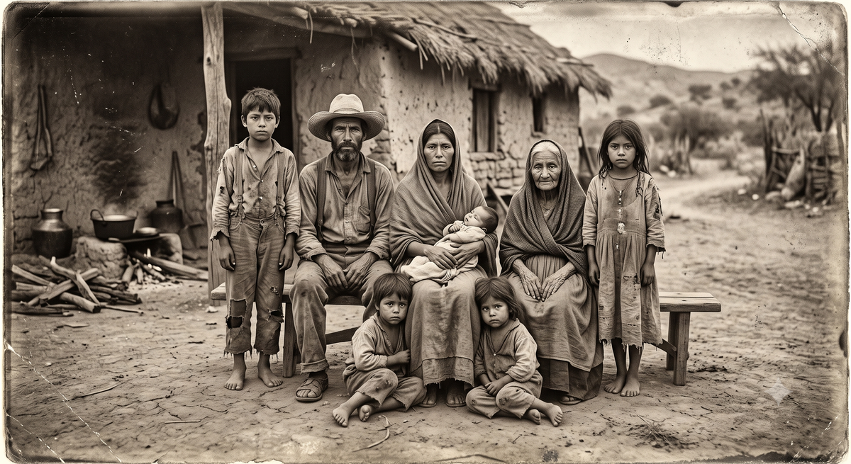 Foto muy antigua de una familia humilde y trabajadora del campo.