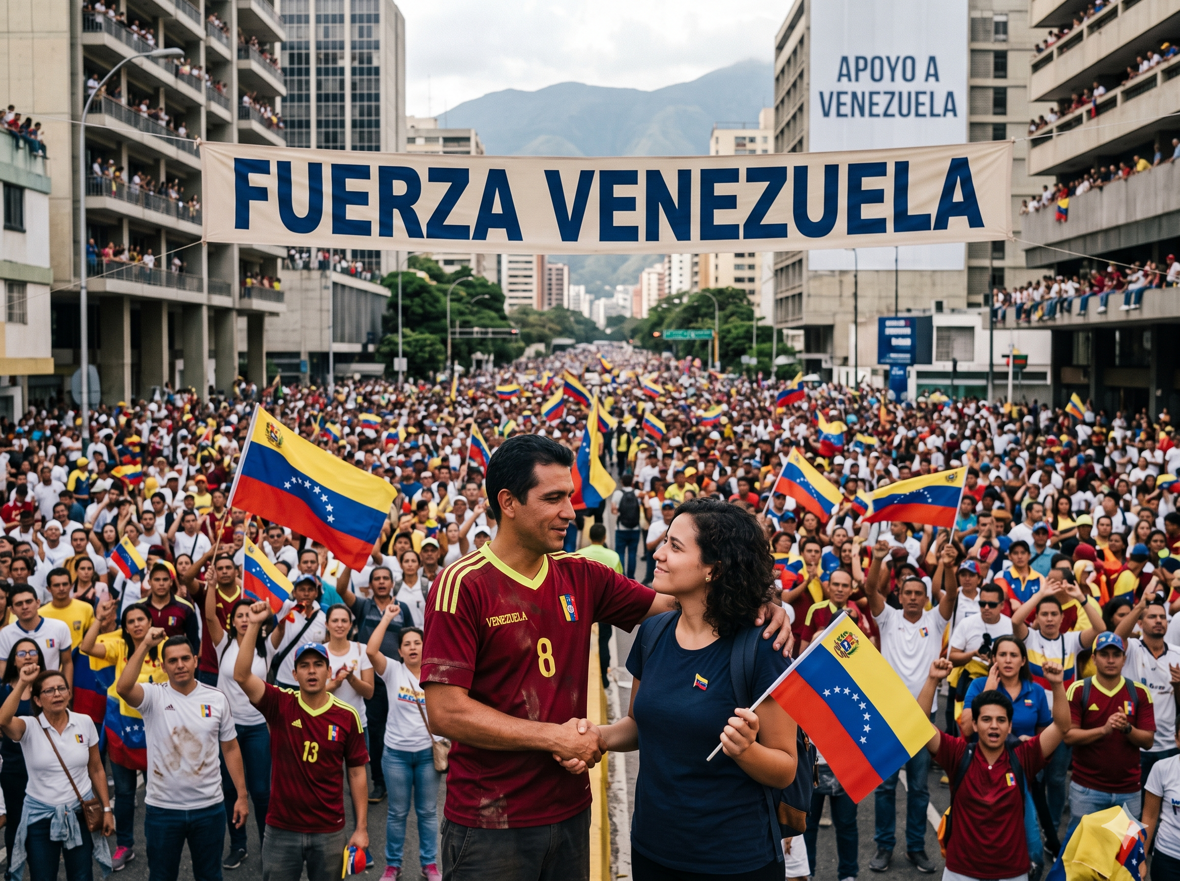 En una gran avenida llena de gente con el brazo en alto. Muchos con la camiseta de la selección venezolana de futbol. Y una gran pancarta con el mensaje sobrio en diseño con el texto "fuerza Venezuela".