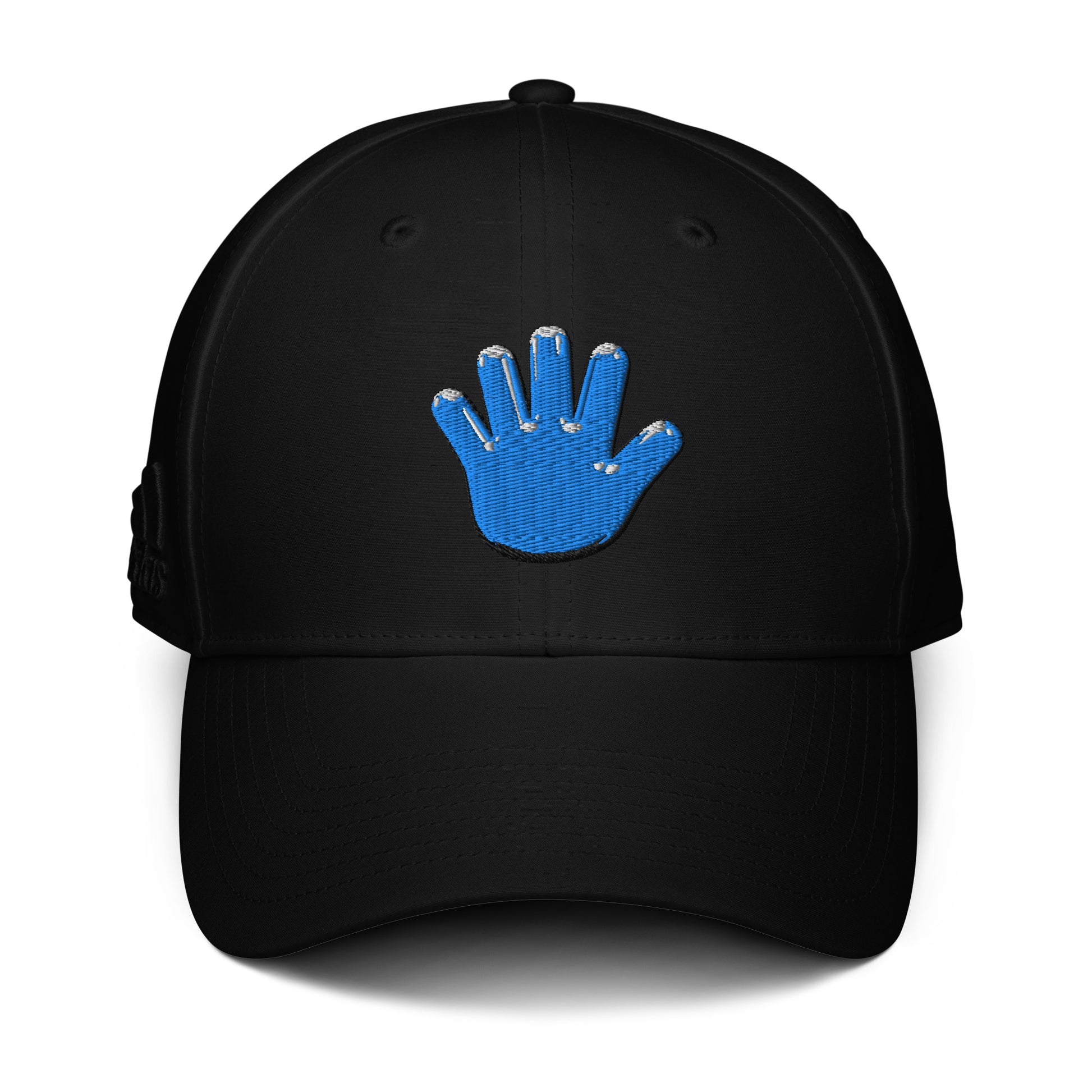 Gorra tipo béisbol negra de Bofetadas, vista frontal, colección 'Marca', con logotipo de mano azul.