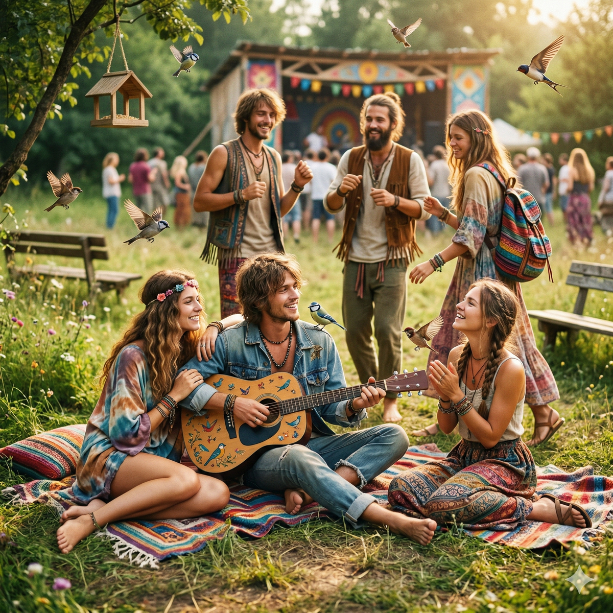 Foto en un parque con un concierto. Con jóvenes hippies disfrutando de la velada. Un pequeño grupo de ellos toca la guitarra y baila alejados del escenario. Hay pajarillos revoloteando.