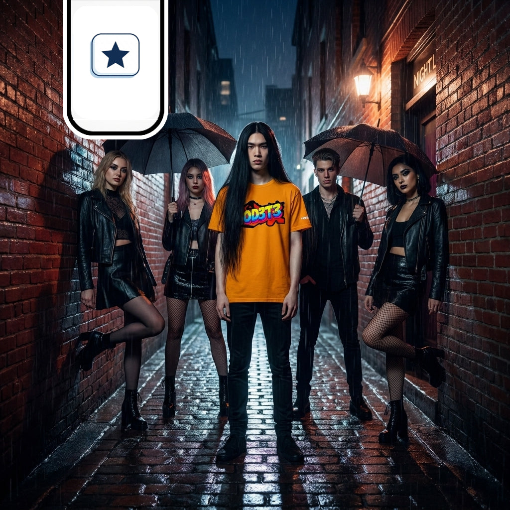 Un joven de pelo largo lidera el centro de la escena vestido con una camiseta amarilla de estilo grafiti sobre pantalones negros.
Lo flanquean tres chicas y un chico vestidos completamente de negro con estética roquera y chaquetas de cuero, sosteniendo dos paraguas oscuros abiertos.
El grupo posa en un callejón estrecho de ladrillo iluminado por un farol nocturno, con el suelo adoquinado y reluciente por la lluvia.