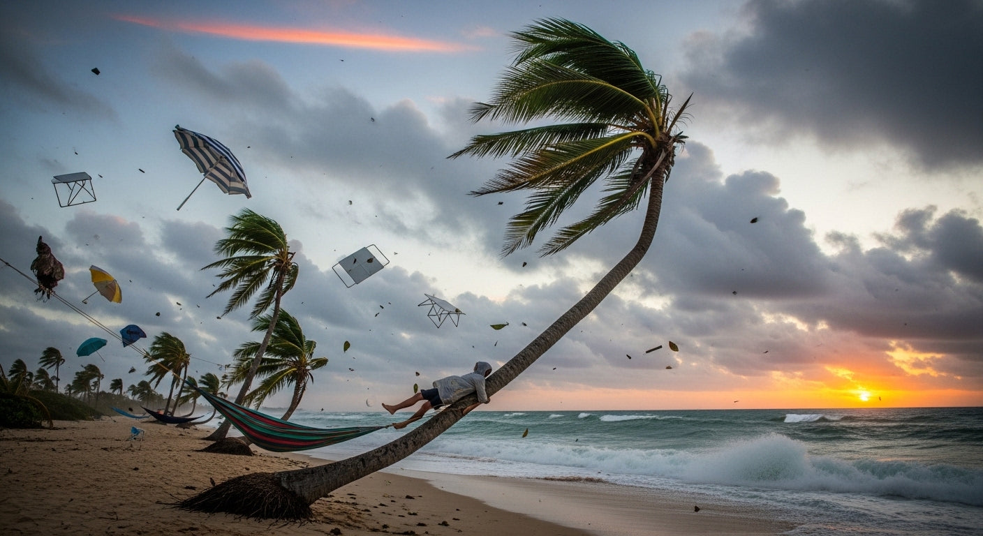 La escena está dominada por una palmera alta e inclinada que se curva sobre la playa y se dirige hacia el océano agitado. Una sola persona, posiblemente un hombre o un adulto andrógino de piel clara y cabello corto, oculto bajo una capucha gris claro, yace sobre el tronco de la palmera, cerca de la copa, aparentemente imperturbable ante el caos circundante.