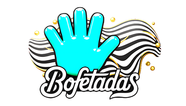 Logotipo de estilo gráfico y moderno compuesto por una mano central en 3D: Una mano abierta y caricaturesca con acabado brillante tipo gomita o plástico, en color verde azulado o turquesa vibrante. Un patrón de rayas ópticas en blanco y negro (estilo cebra o psicodélico), y el texto «Bofetadas» en una tipografía cursiva estilizada, de color blanco con un contorno negro grueso que le da volumen y contraste.