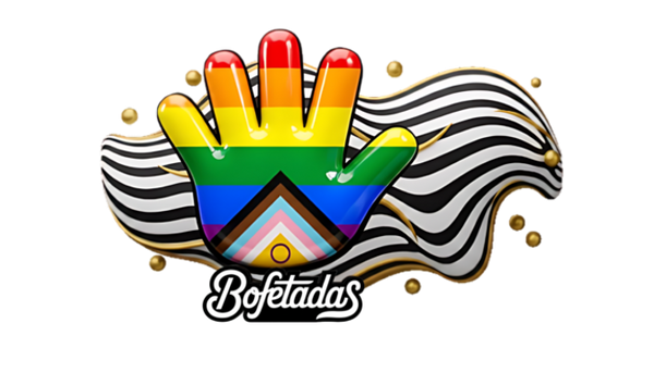 Logo de Bofetadas con la tipografía original y la mano con los colores de la bandera lgtbiq+. Además de una gota deformada con rallado blanco y negro con detalles dorados.