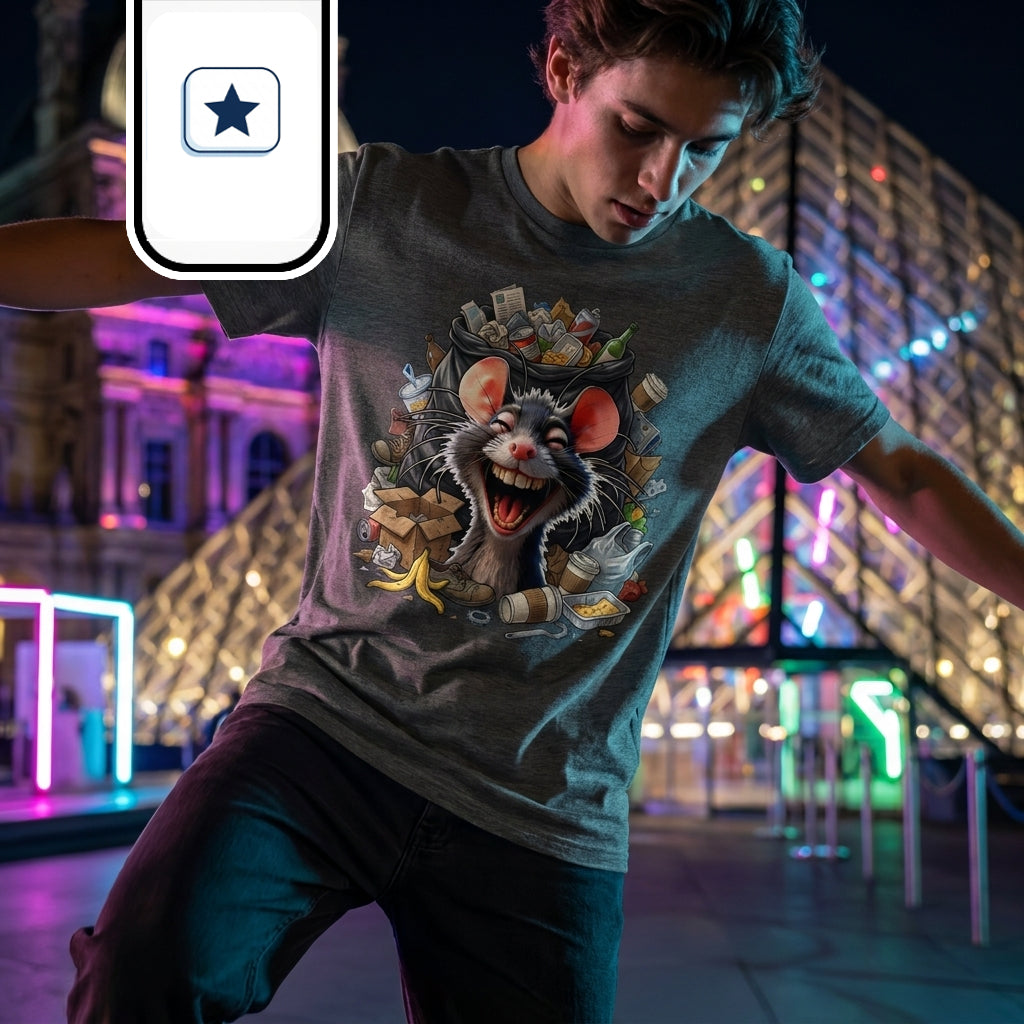 Primer plano dinámico del skater en movimiento, manteniendo el equilibrio con los brazos extendidos.
Se aprecia en detalle la camiseta gris jaspeada con la ilustración colorida de la rata rodeada de desperdicios.
El fondo muestra la icónica pirámide de cristal desenfocada, iluminada con luces multicolores y neones.