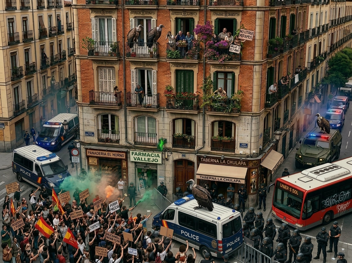 Una manifestación delante de un bloque de pisos en una ciudad española cualquiera. Los antidisturbios y los buitres  también están.