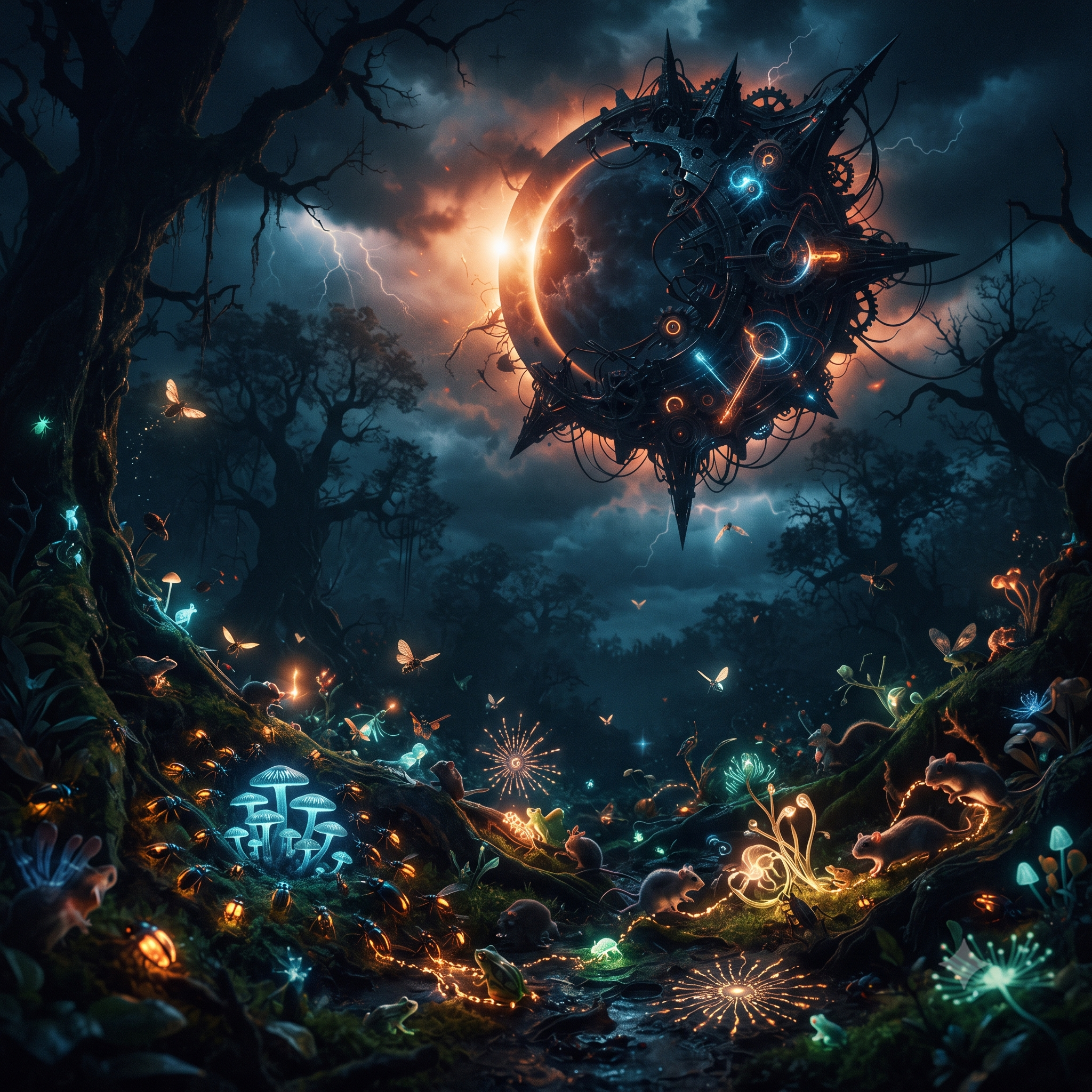 Un paisaje nocturno y fantástico dominado por un cielo tormentoso donde flota un enigmático astro mecánico con luces naranjas y azules. El suelo del bosque, rodeado de árboles oscuros, está habitado por una gran variedad de pequeñas criaturas, insectos y hongos que brillan con destellos bioluminiscentes, creando una atmósfera mágica y misteriosa.