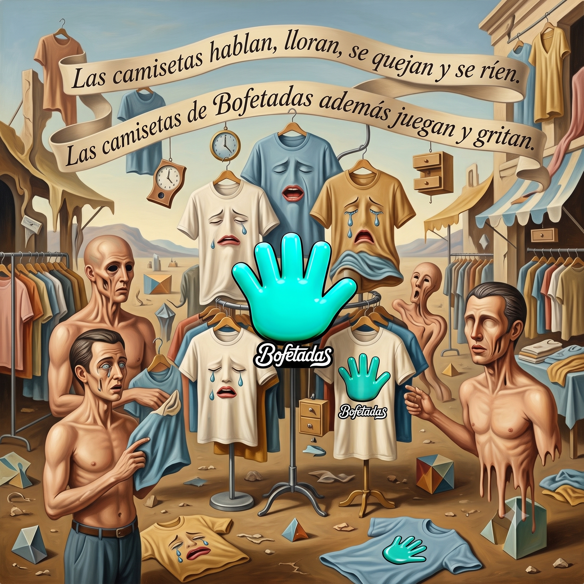 Ilustración estilo surrealista de un mercadillo de camisetas, donde lloran tanto el público como las camisetas. Parece un dibujo de Dalí. Además del logo de Bofetadas escrito en una banda marrón estilo medieval está el texto: "Las camisetas hablan, lloran, se quejan y se ríen. Las camisetas de Bofetadas además juegan y gritan.". 