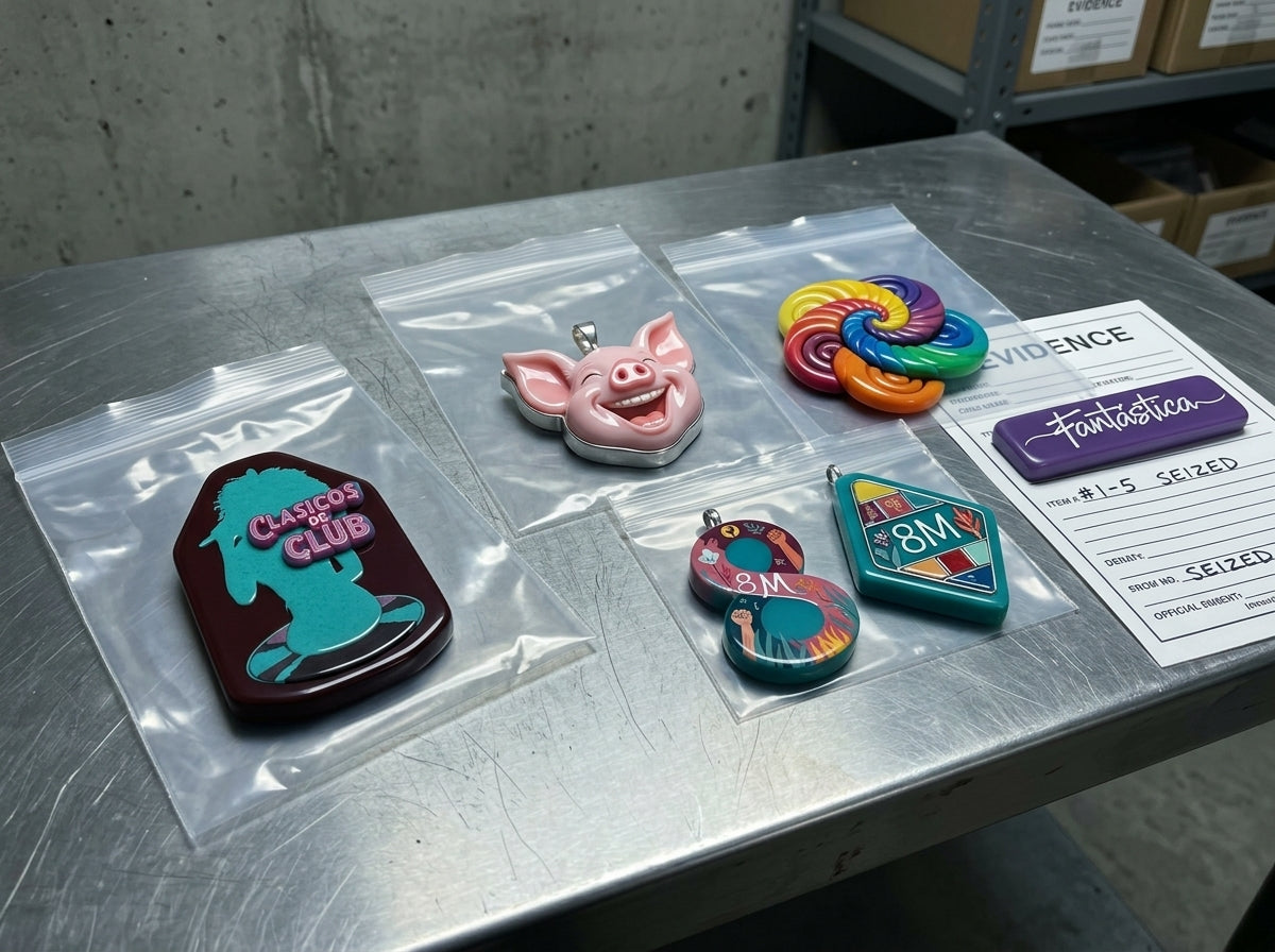 Exposición de 6 dijes para collares de plástico incautados por la policia de L.A. 
Estos tienen el diseño de las impresiones de algunas camisetas de Bofetadas. 