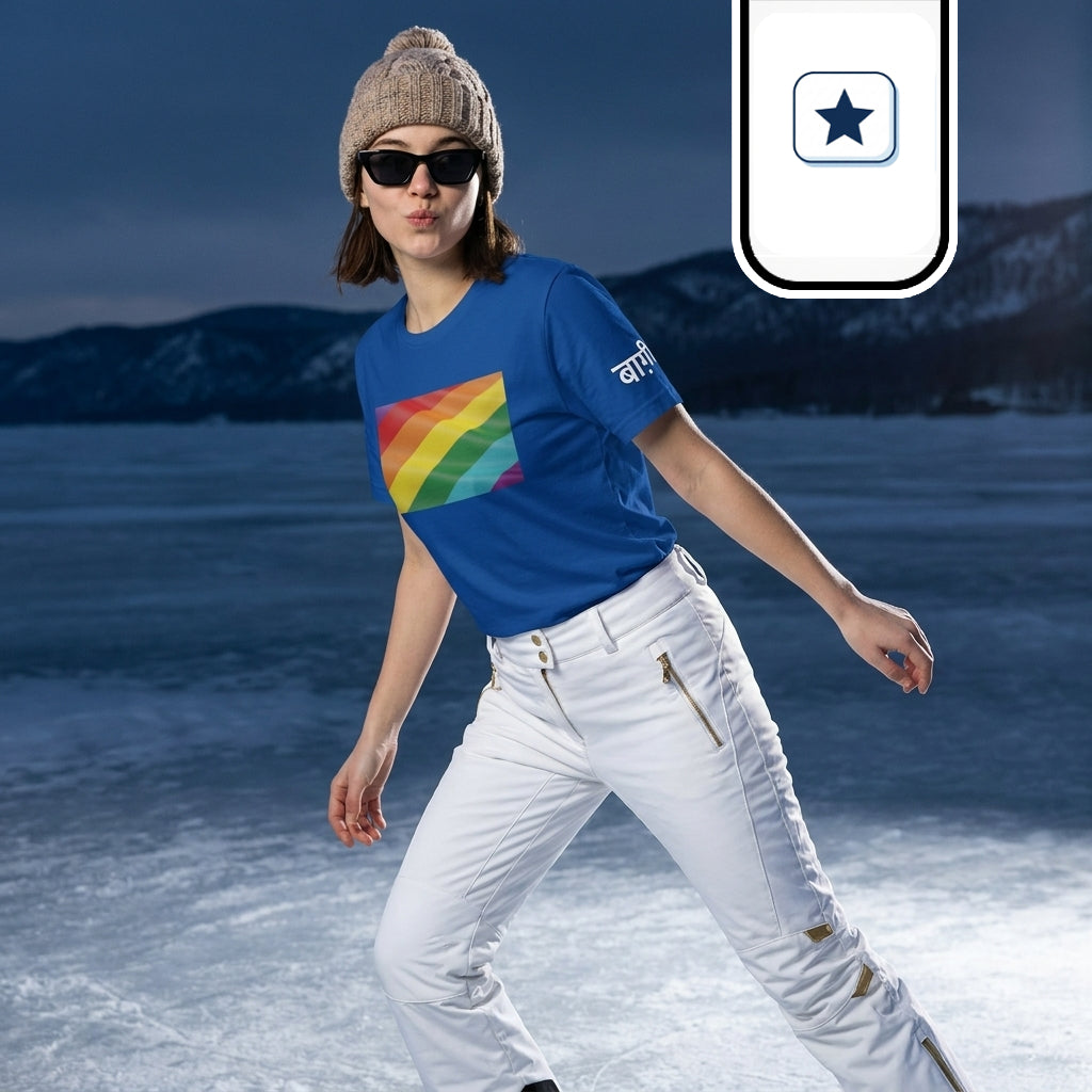 Una joven posa en un entorno invernal al aire libre con montañas de fondo bajo una luz fría. Viste una camiseta azul con una bandera de franjas multicolores, pantalones blancos de esquí, gorro de lana y gafas oscuras. Su postura es dinámica e inclinada hacia un lado, mirando al frente mientras lanza un beso.