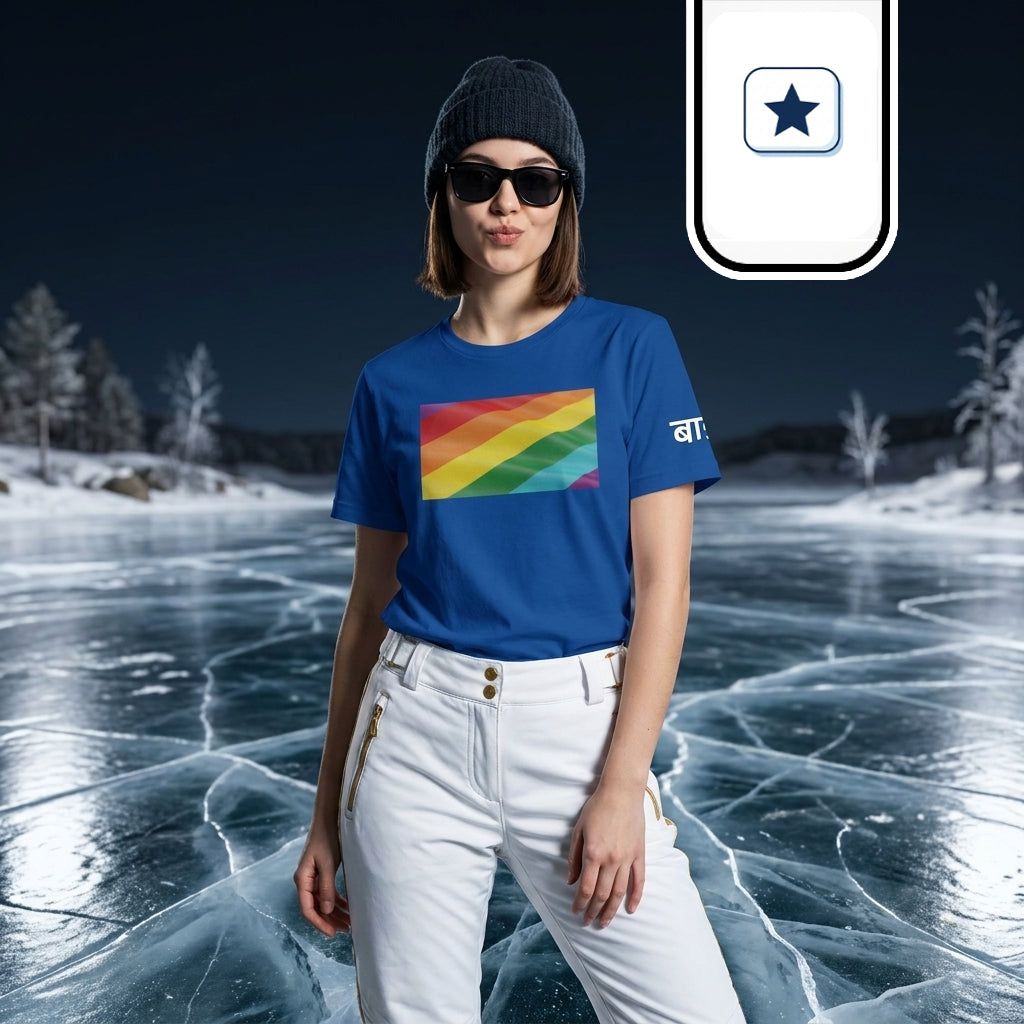 La modelo posa de frente con un gesto simpático, gafas oscuras y un gorro de lana gris marengo.
Luce la misma camiseta azul, decorada en el pecho con una bandera de franjas multicolores y texto blanco en la manga.
El entorno muestra el lago de hielo agrietado que se funde en la distancia con orillas nevadas y árboles invernales.