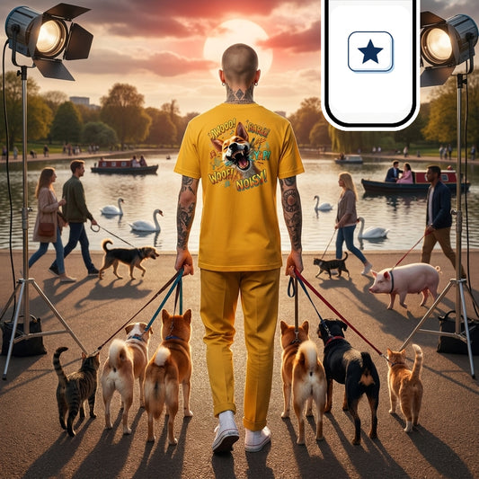 Se muestra una toma de espaldas del joven con la camiseta amarilla estampada con un diseño canino. El hombre camina alejándose hacia la puesta de sol mientras sostiene las correas de numerosos animales. El paisaje incluye focos de estudio profesionales orientados hacia él y personas disfrutando del parque ribereño.