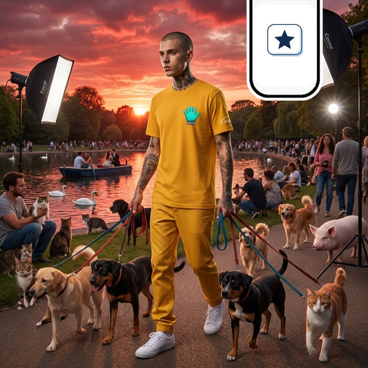 Un modelo de cabeza rapada y tatuajes camina hacia el frente con su atuendo amarillo característico. Diversos perros y un gato con correa le acompañan en el paseo bajo la luz de los softboxes de estudio. El fondo muestra un apacible lago con cisnes y una atmósfera crepuscular con tonalidades cálidas en el cielo.