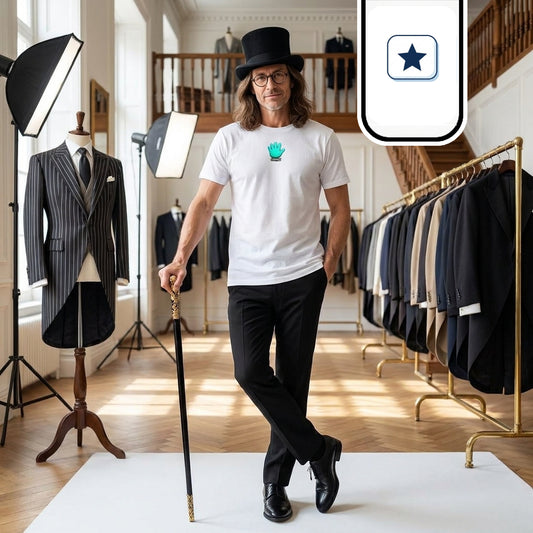Un hombre con sombrero de copa, gafas y cabello largo posa de frente luciendo una camiseta blanca con un pequeño logotipo verde en el pecho, pantalón negro y zapatos formales. Sostiene un bastón elegante con detalles dorados mientras está de pie sobre una superficie blanca en medio de una sastrería con percheros de trajes y luces de estudio. El entorno interior muestra una decoración clásica con una escalera de madera al fondo y una iluminación profesional que resalta al modelo.