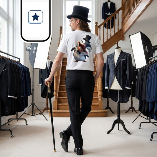 Un hombre con sombrero de copa, gafas y cabello largo viste una camiseta blanca con un gráfico de un pingüino en la espalda, pantalón negro y zapatos formales mientras sostiene un bastón. Se encuentra de espaldas en el interior de una elegante sastrería equipada con estantes de trajes formales, escaleras de madera y luces de estudio. La escena captura una sesión fotográfica profesional en un entorno clásico y sofisticado con iluminación de softboxes.