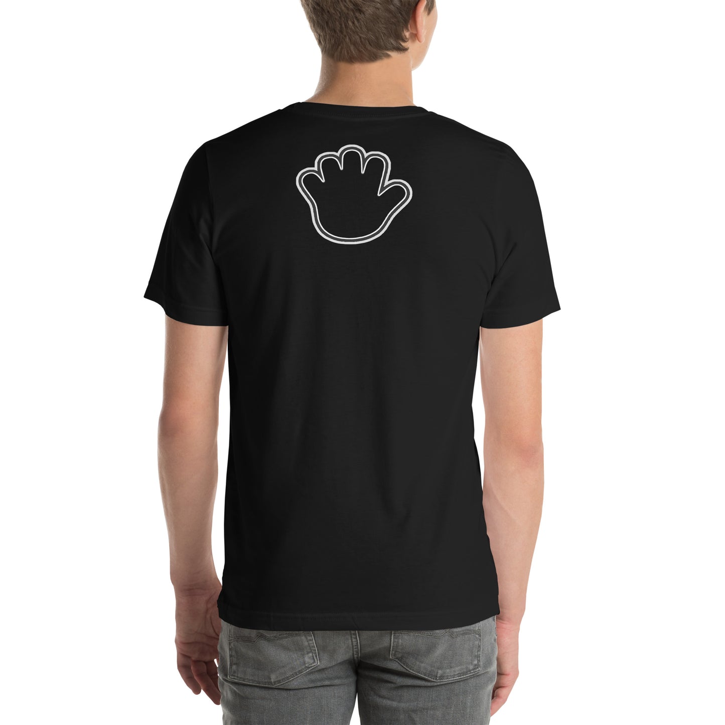 Un modelo luce la camiseta negra vista desde atrás de Bofetadas de la colección Marca con la impresión del contorno de la mano del logo de bofetadas en una línea doble blanca. 