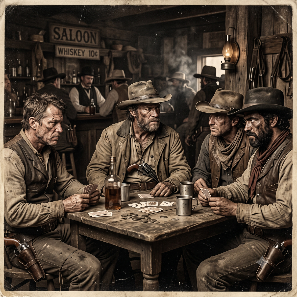 Cuatro hombres con sombreros de vaquero y atuendo del Lejano Oeste jugando una partida de póquer en una mesa de madera dentro de un antiguo saloon. En la mesa hay cartas, fichas, tazas de metal y una botella de licor. Al fondo se aprecia la barra del bar con un letrero que dice "SALOON WHISKEY 10¢" y otros personajes. Fotografía en tono sepia y estilo vintage.