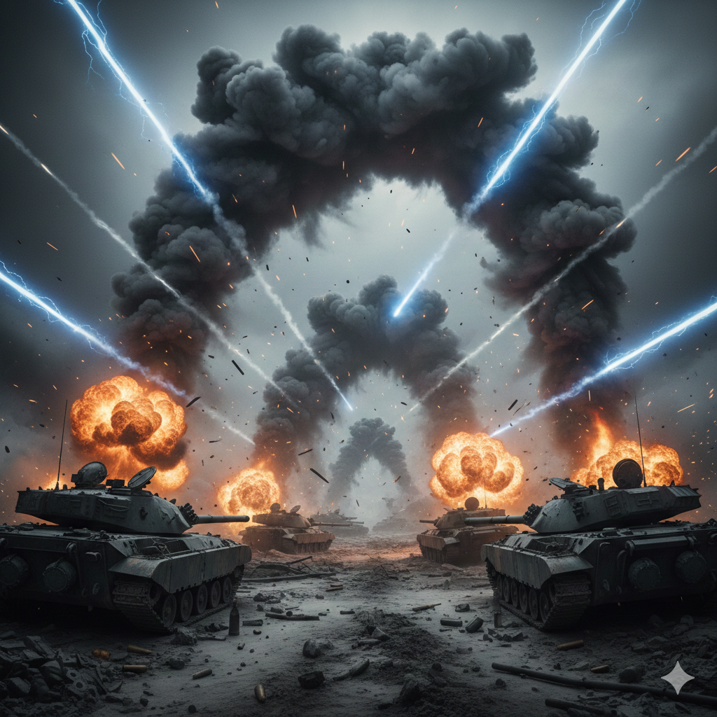 Ilustración de un campo de batalla con tanques, explosiones y trazos de disparos de artillería en un ambiente gris con columnas de humo que forman aros surrealistas.