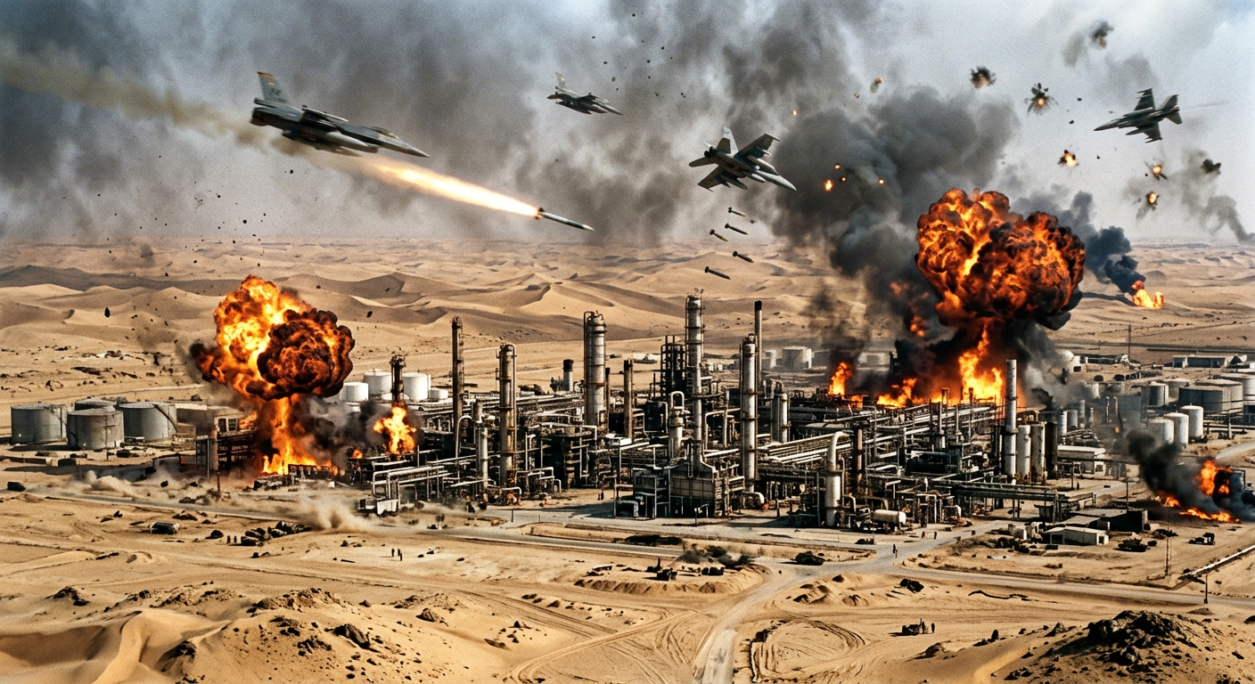 Recreación del ataque en una refinería de petróleo ubicada en el desierto por uns cazas militares.