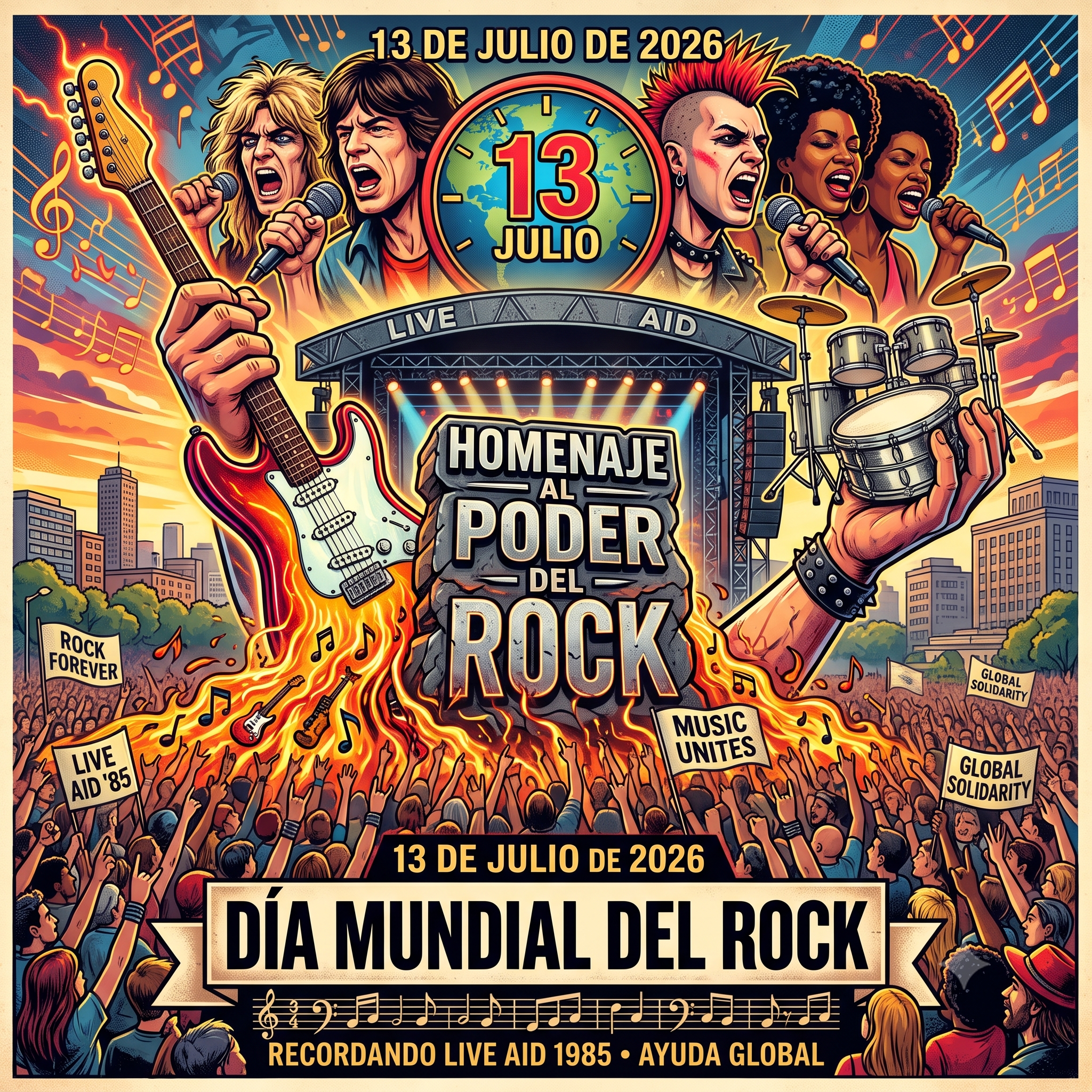 Cartel dibujado con motivos rockeros y referencias a artistas, dedicado al día mundial del Rock. 13 de Julio de 2026
