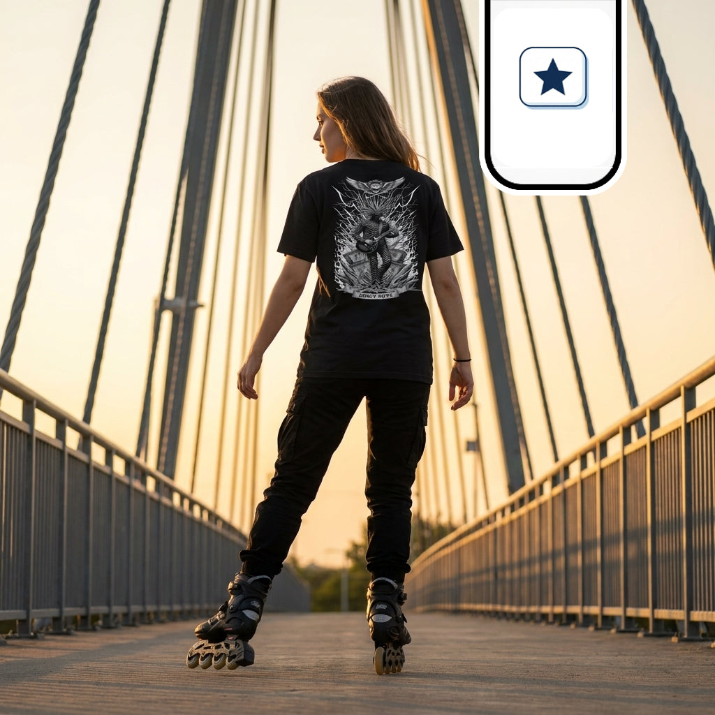 Una joven sobre patines en línea posa de espaldas en el carril peatonal de un puente atirantado durante el atardecer.
Viste pantalones oscuros y una camiseta negra con una detallada ilustración gráfica en la espalda de estilo metalero.
La perspectiva simétrica de los cables de acero guía la mirada hacia la figura central bajo una suave luz dorada.