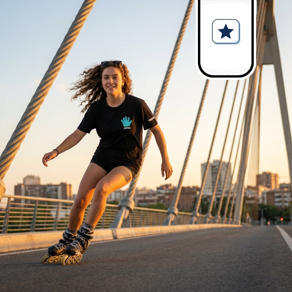 La patinadora avanza con fluidez en una curva inclinada hacia la cámara, luciendo gafas de sol sobre su cabello rizado.
Lleva la misma camiseta negra combinada con pantalones cortos, exhibiendo el logotipo turquesa en forma de mano sobre el pecho.
El plano en ángulo bajo resalta el dinamismo del patinaje y la luz cálida reflejada sobre el pavimento del puente.