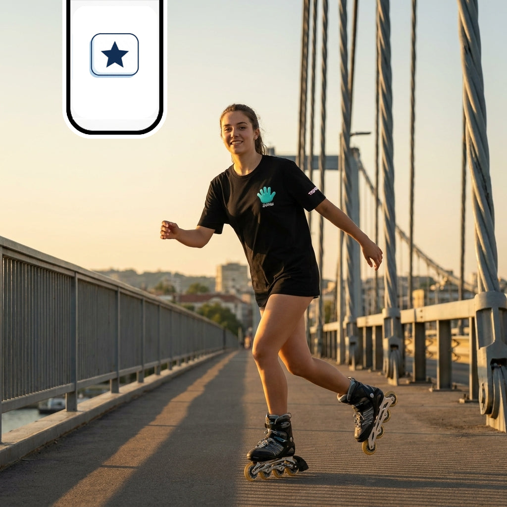 La joven se desplaza alegremente patinando hacia adelante con una pierna en el aire en plena zancada.
Lleva el conjunto de camiseta negra y pantalón corto, mostrando el parche frontal en el pecho mientras mira sonriente hacia el frente.
La composición aprovecha la barandilla y los grandes cables del puente para enmarcar el movimiento al caer la tarde.