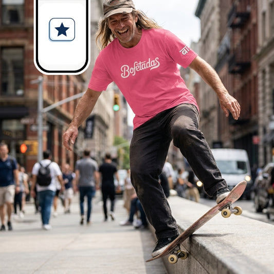 Un skater sonriente con gorra y camiseta rosa se desliza sobre el borde de un muro de piedra.
Mantiene el equilibrio con las piernas flexionadas mientras la tabla se apoya en diagonal en pleno truco.
Al fondo se extiende una concurrida acera urbana con peatones, edificios de ladrillo y vehículos en la calle.