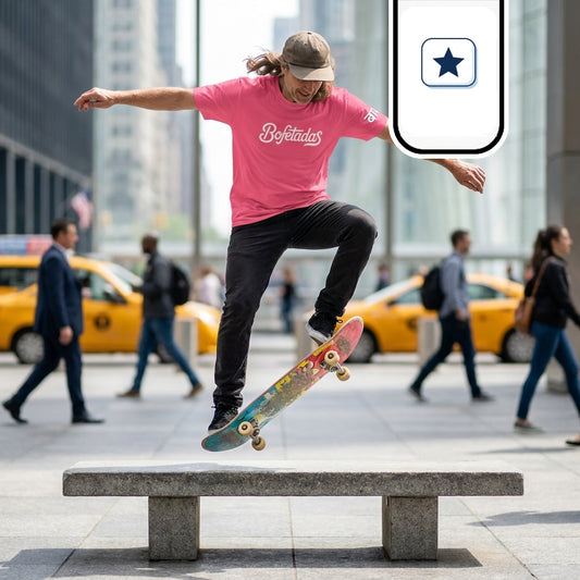 Un skater con gorra y camiseta rosa salta en el aire justo por encima de un banco de piedra.   Extiende los brazos en cruz para mantener el equilibrio mientras la tabla flota inclinada bajo sus pies.   Al fondo se distinguen taxis amarillos y peatones caminando frente a modernos edificios urbanos.   